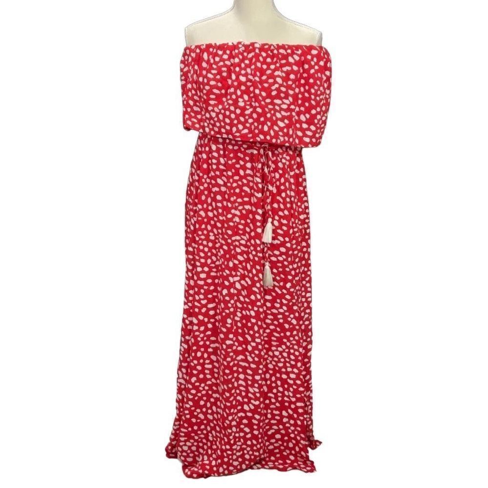 Annebouti Red White Polka Dot Maxi Dress Off the Shoulder Front Slits Sz L NWT